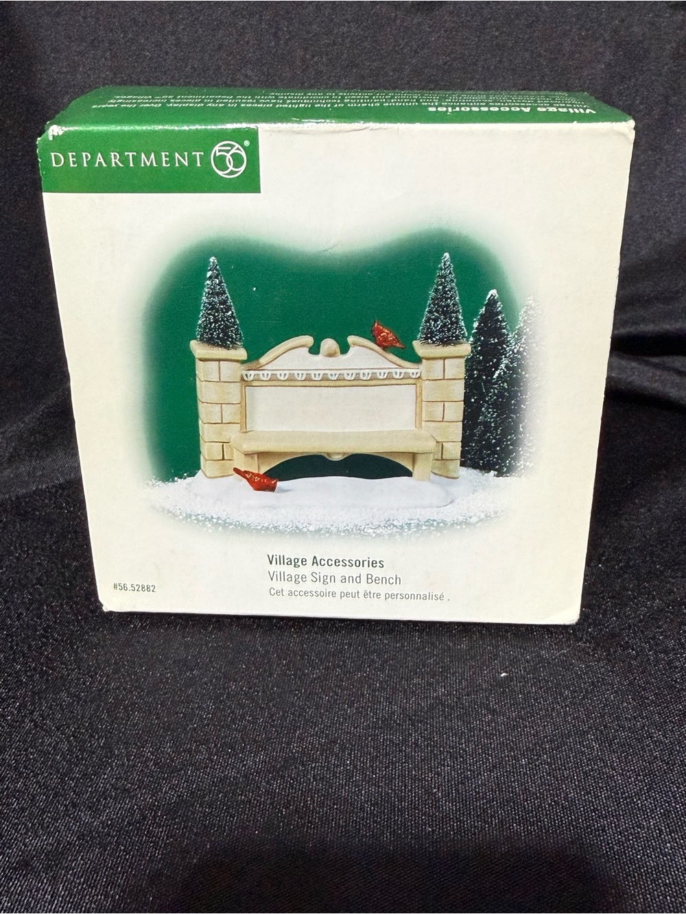 Department 56 Cream Village Sign and Bench with Green Backing and Red Cardinals